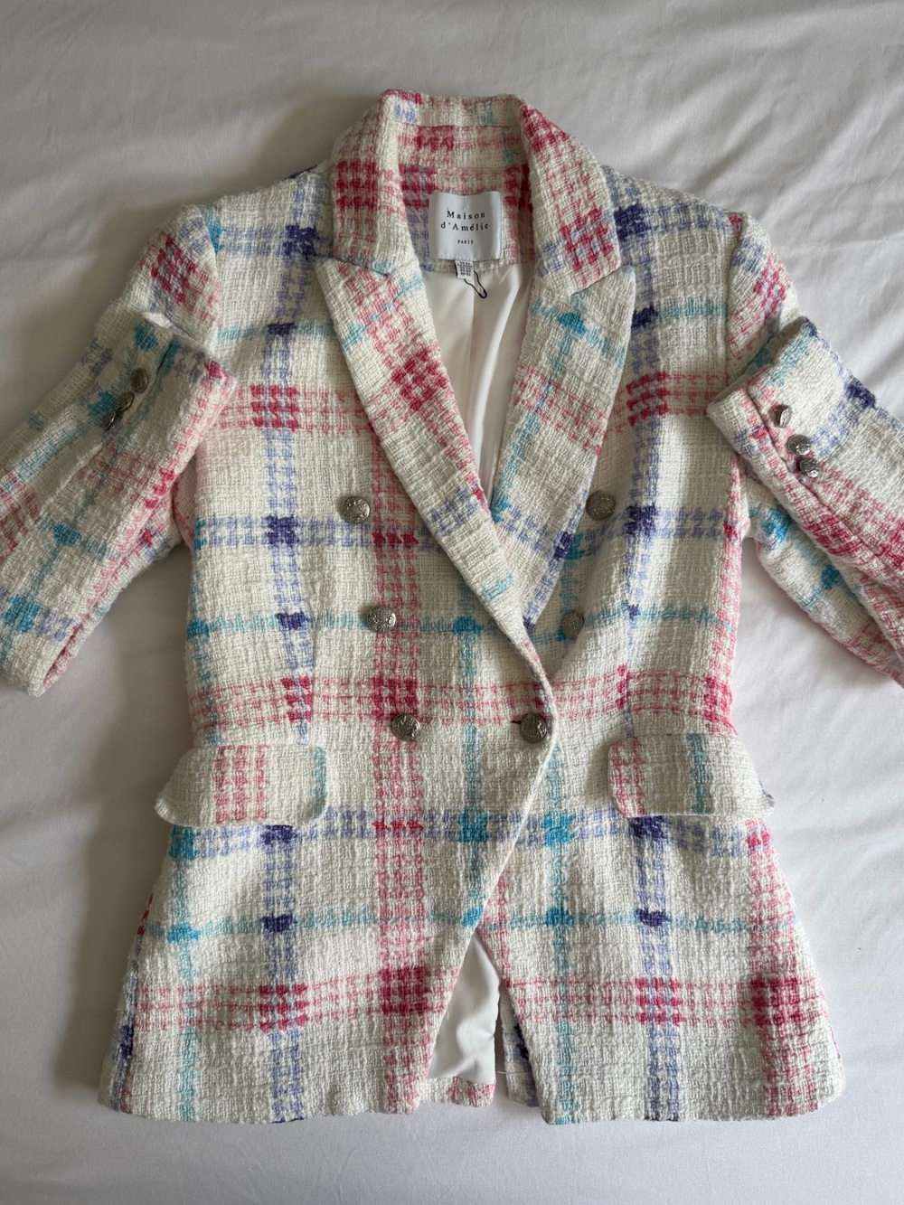 Maison D'Amelie Pastel White, Pink, Blue Plaid Tweed Double Breasted Jacket